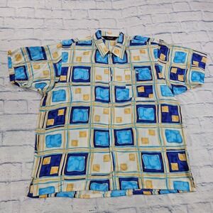 Genelli Button Down Shirt Mens XL Blue Yellow Silk Geometric Retro Jacquard XL